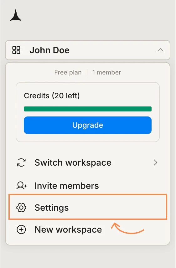 Workspace menu with Settings highlighted.