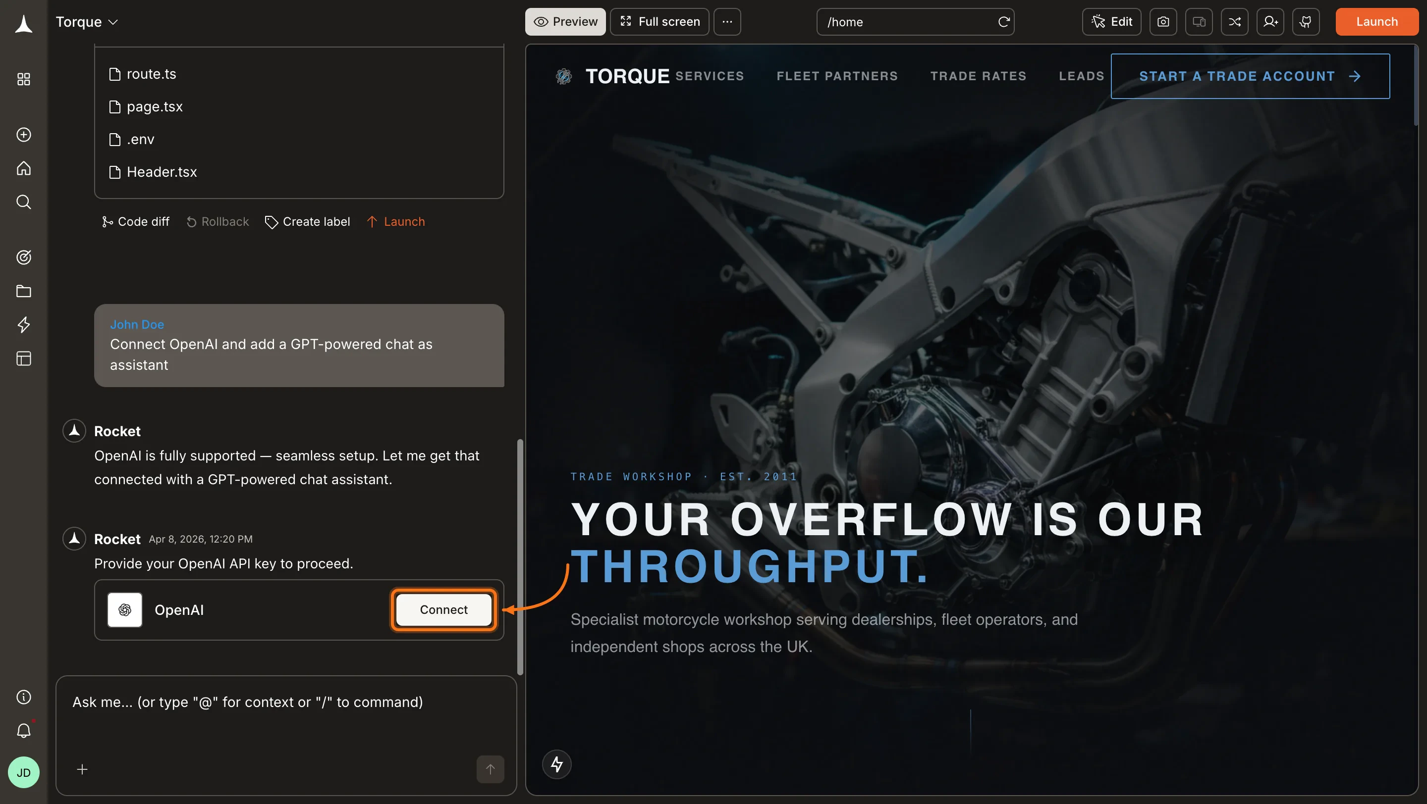 OpenAI connection prompt in the Rocket chat panel.