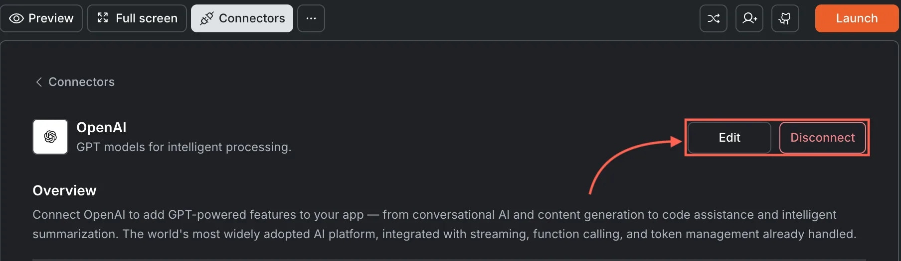 OpenAI card showing Edit and Disconnect buttons.