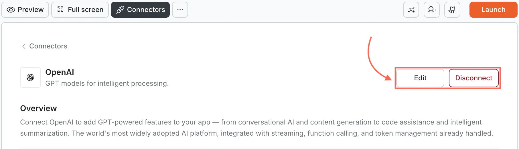 OpenAI card showing Edit and Disconnect buttons.