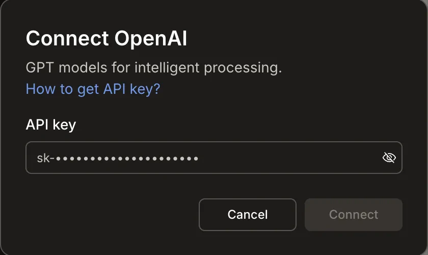 Connect OpenAI popup with an API key input field.