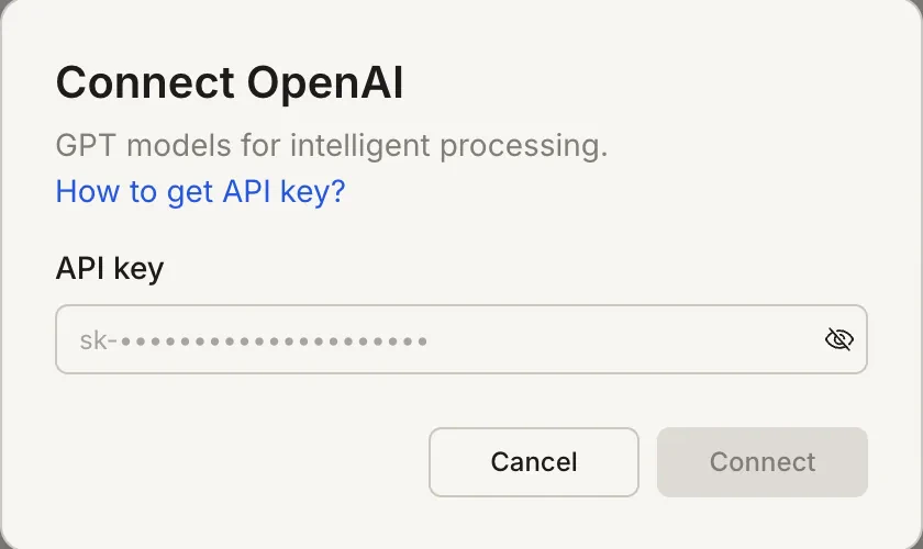 Connect OpenAI popup with an API key input field.