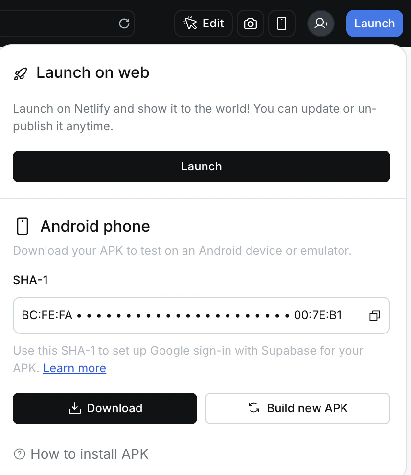 Rocket Launch tab showing the SHA-1 fingerprint under the Android phone section with a copy button.