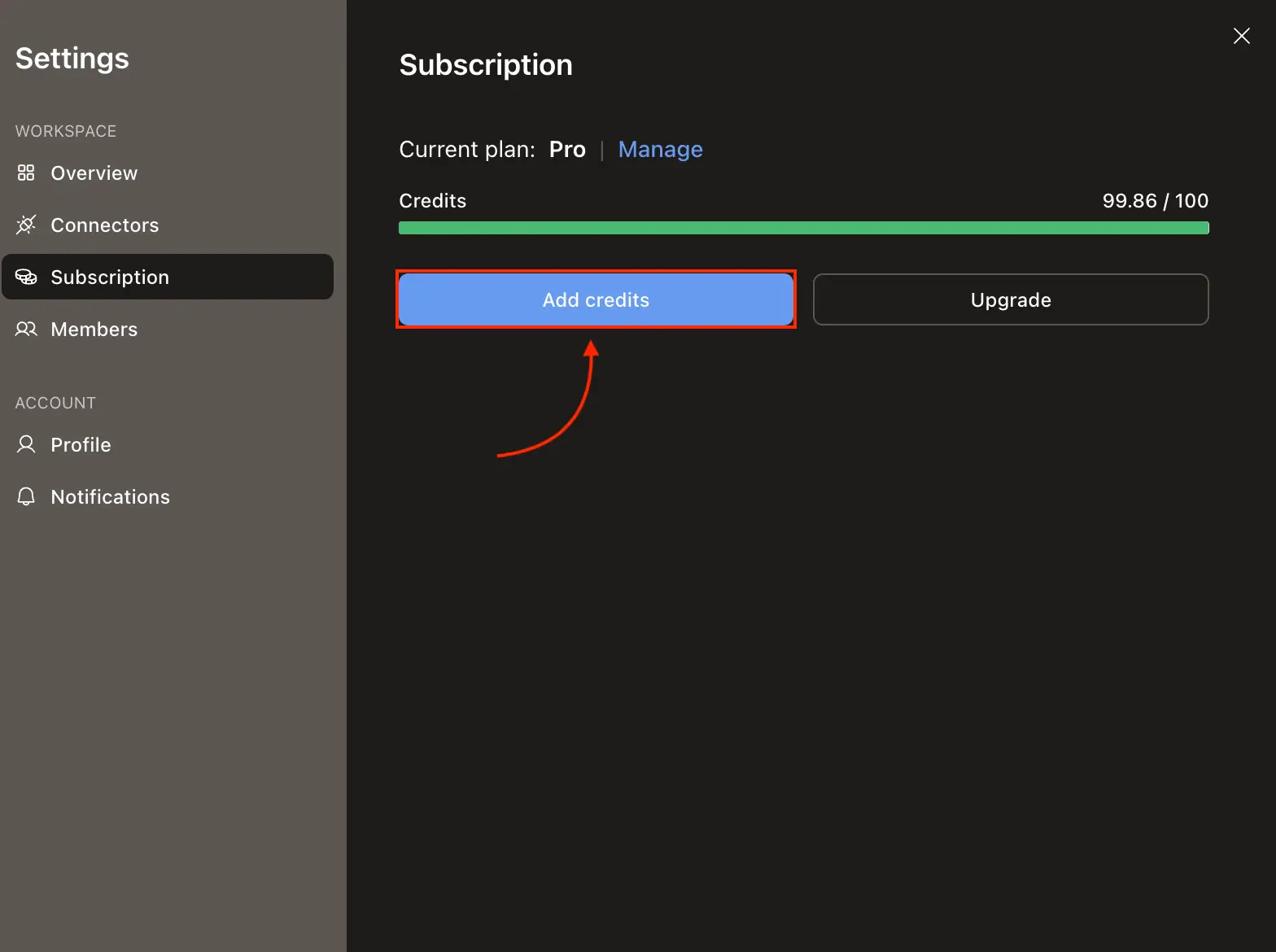 Settings Subscription tab with Add credits button highlighted.