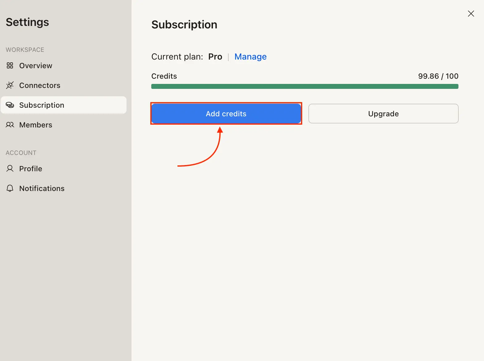 Settings Subscription tab with Add credits button highlighted.