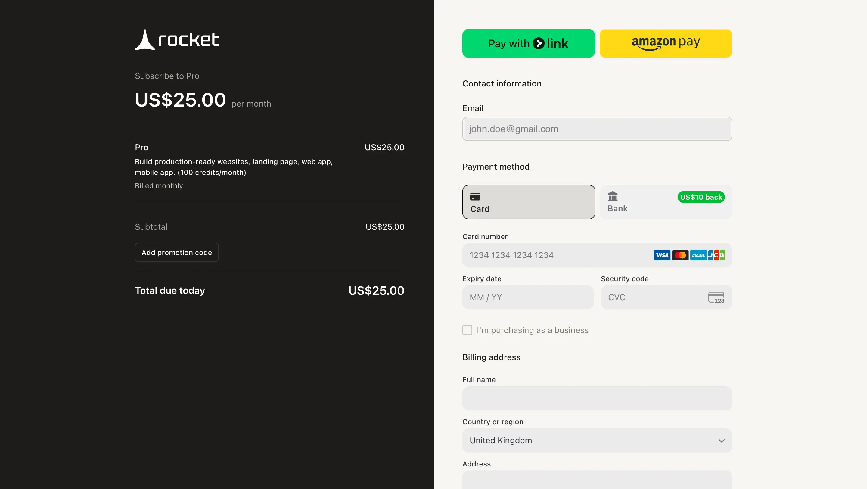 Stripe checkout screen for subscribing to the Pro plan.