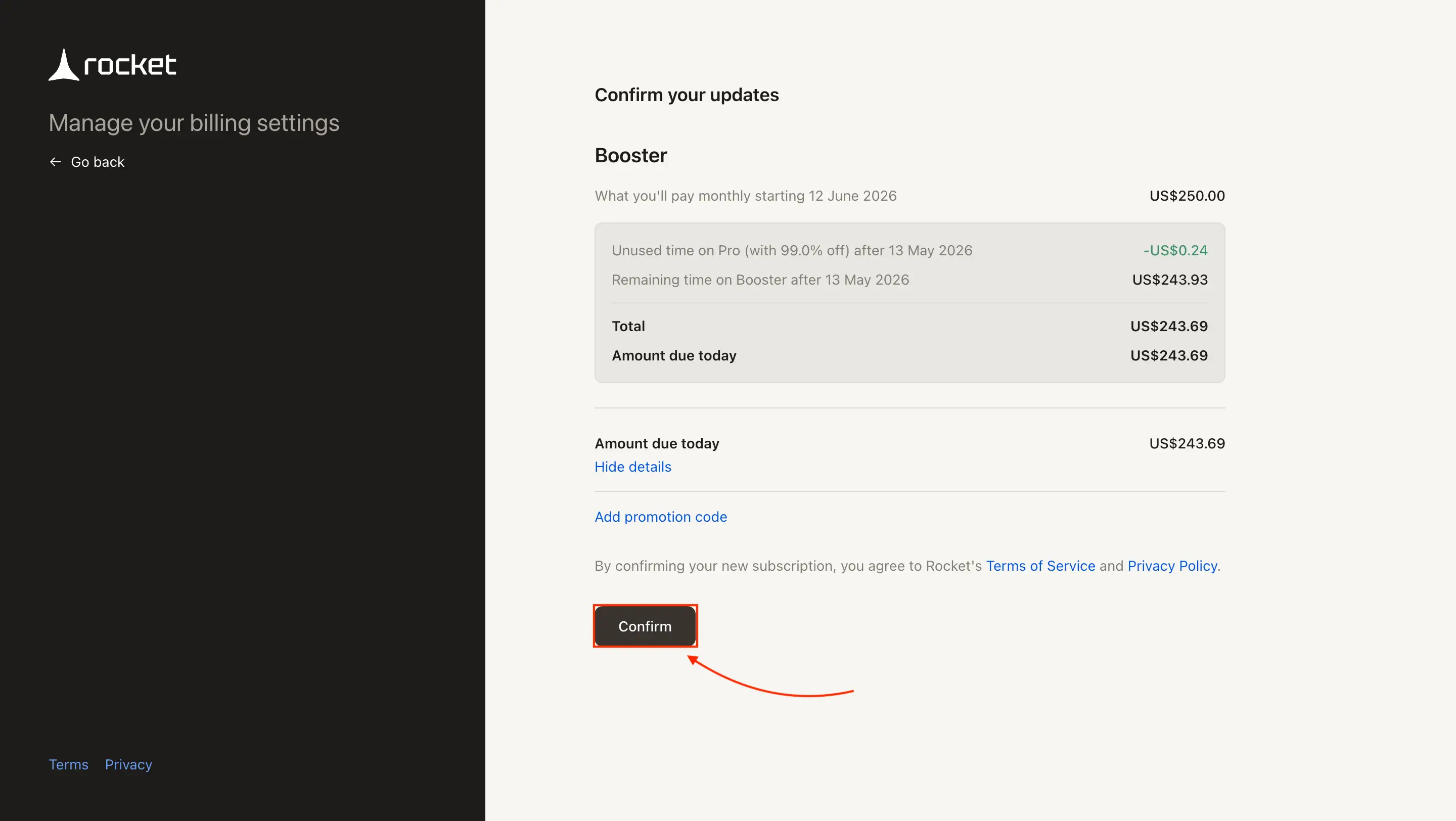 Stripe confirmation screen showing prorated charge for upgrading to Booster.