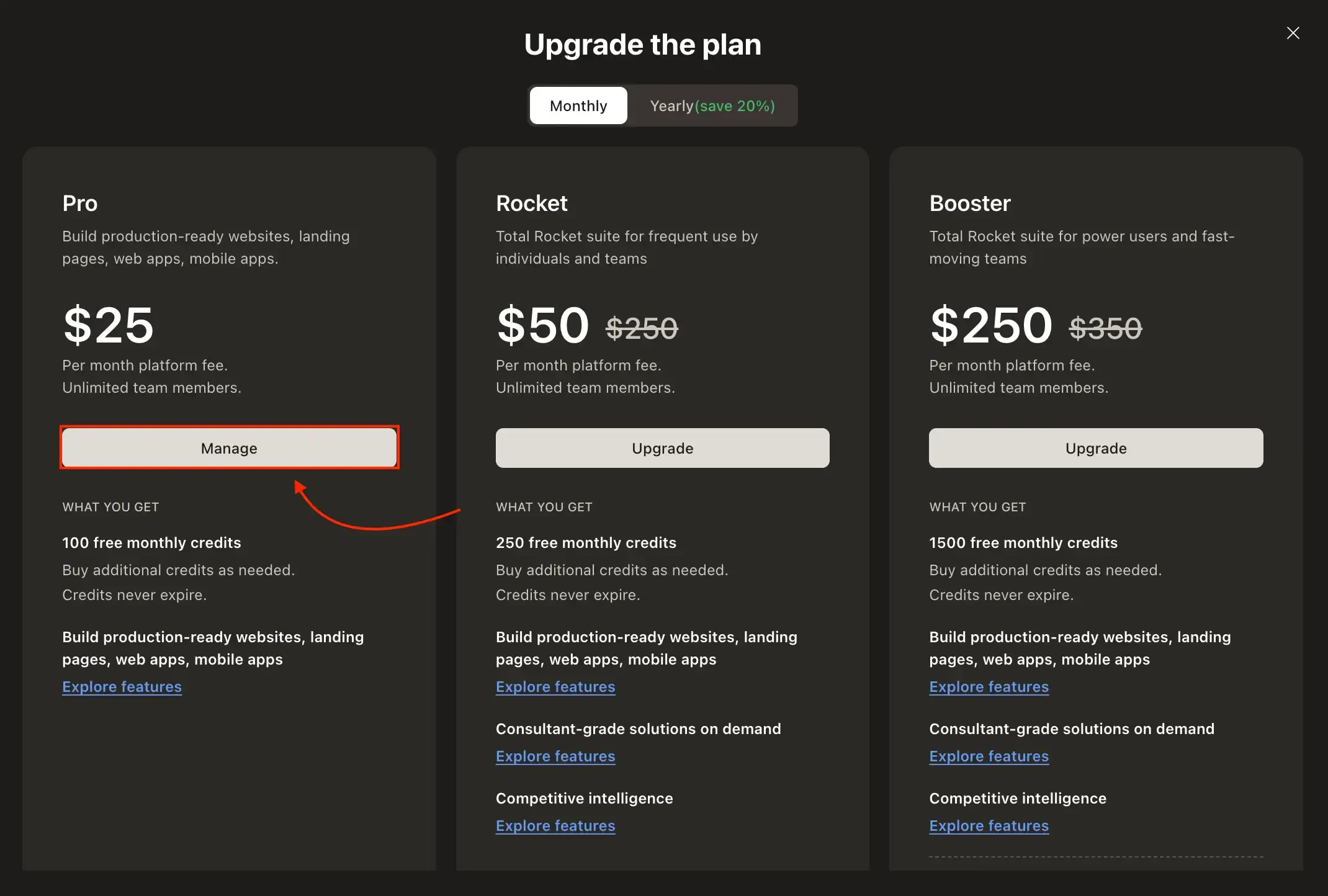 Upgrade modal showing Manage button highlighted on the current Pro plan.