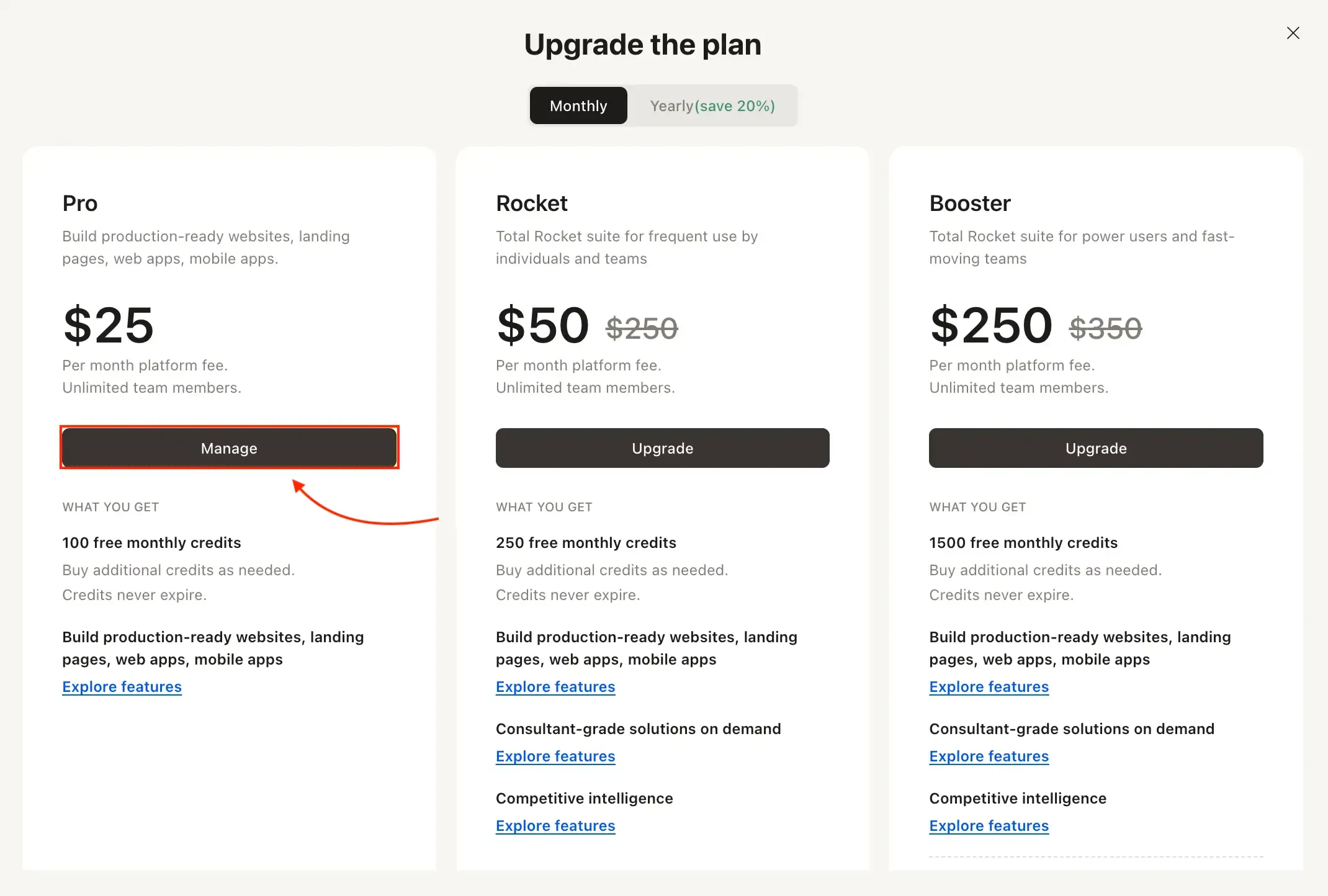 Upgrade modal showing Manage button highlighted on the current Pro plan.