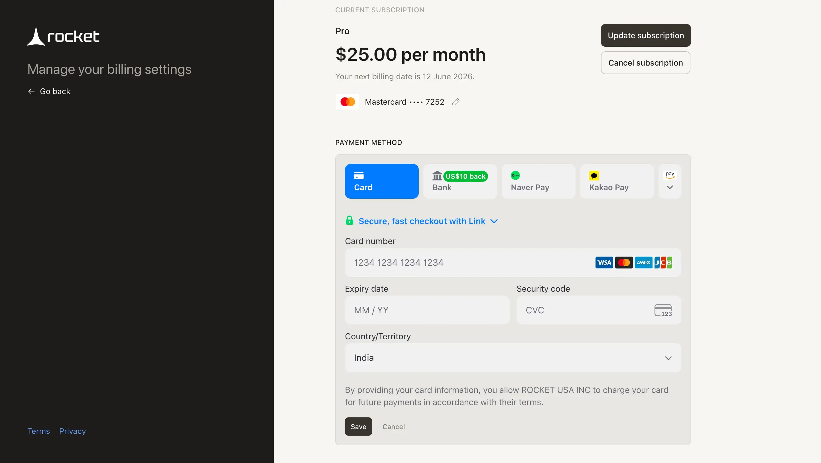 Stripe card entry form with fields for card number, expiry, and security code.