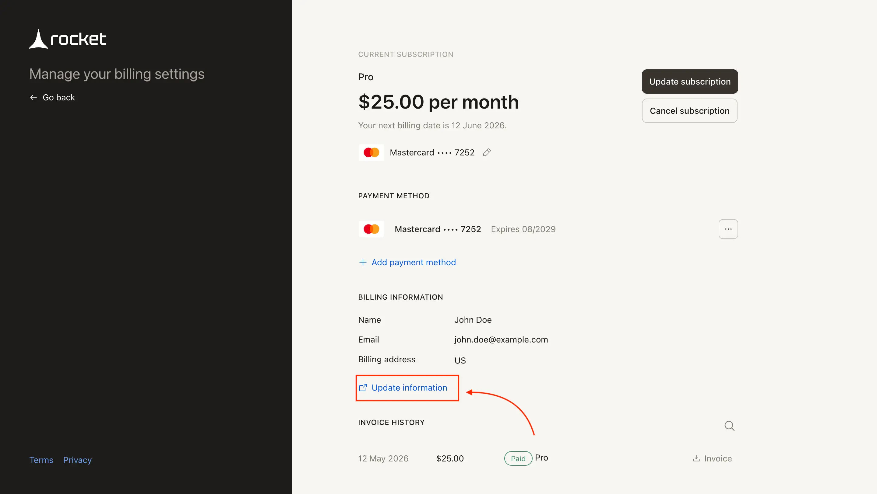 Stripe billing portal showing Billing Information with Update information link.