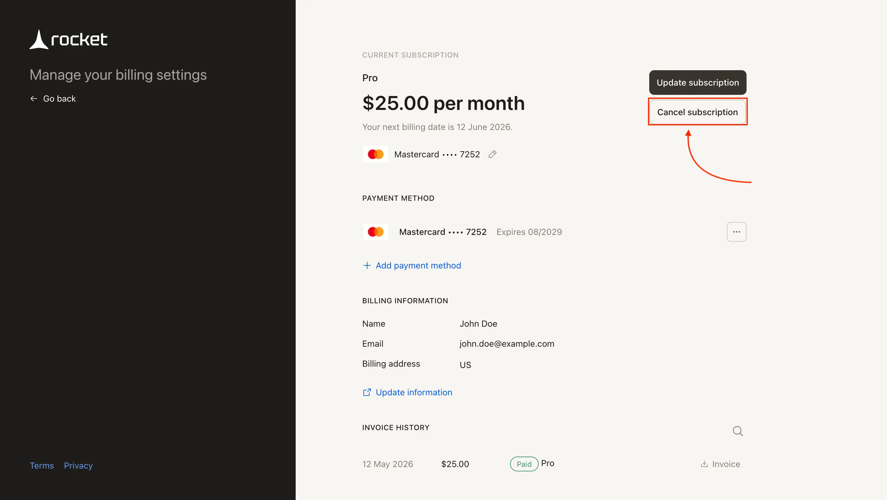 Stripe billing portal showing Cancel subscription button.