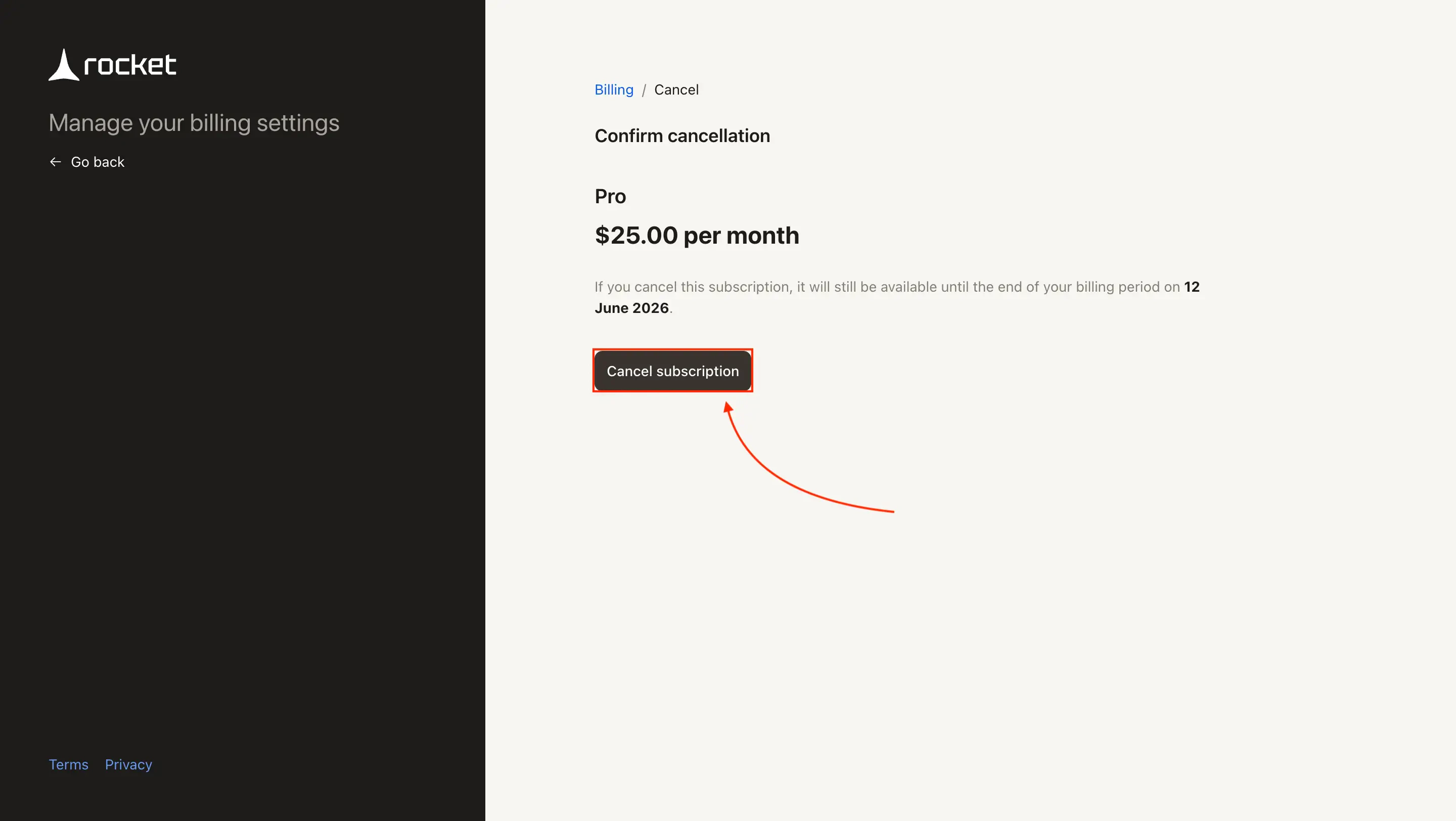 Stripe cancellation confirmation screen showing the subscription end date.