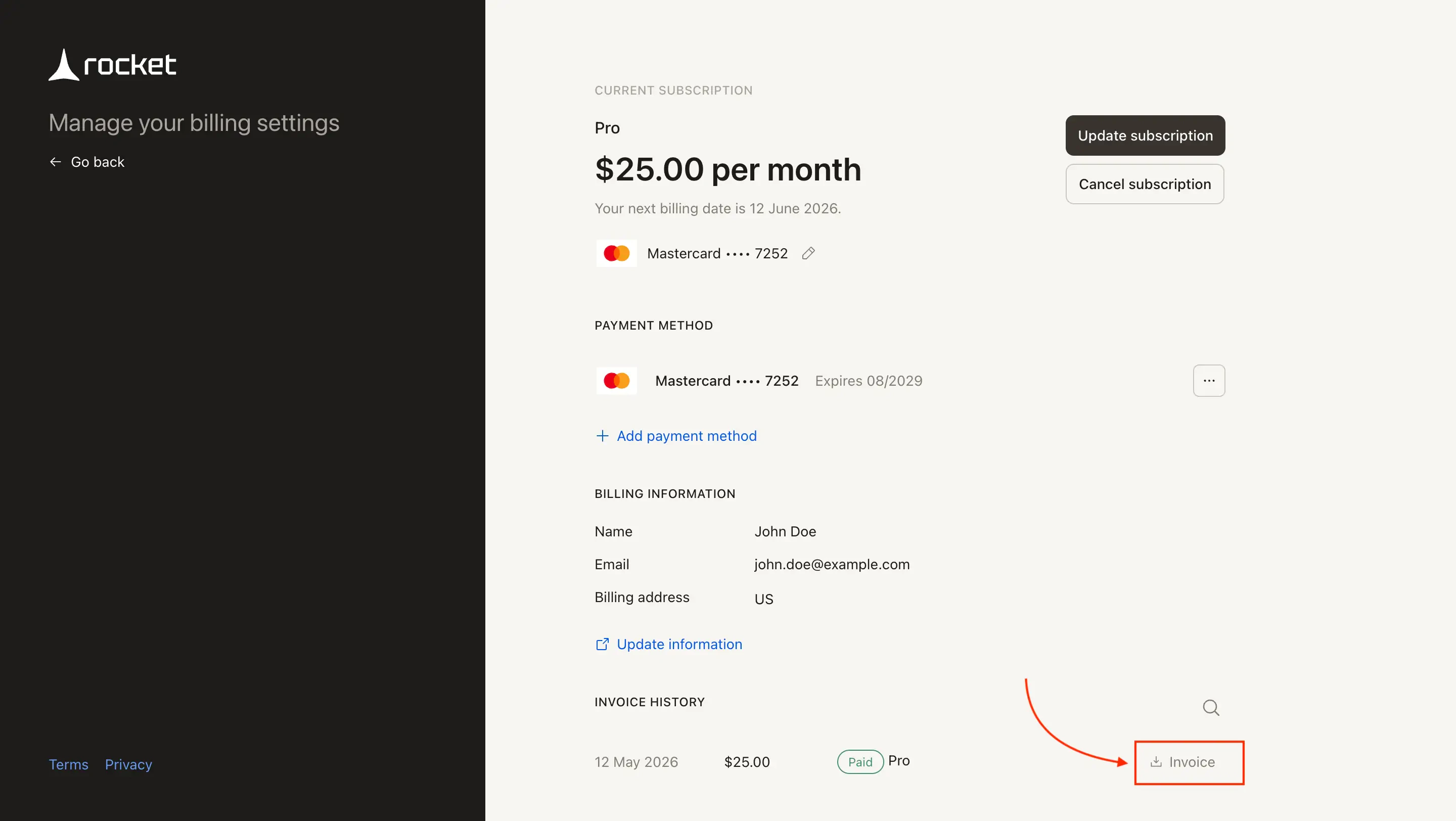 Stripe billing portal showing Invoice History with Invoice download button.