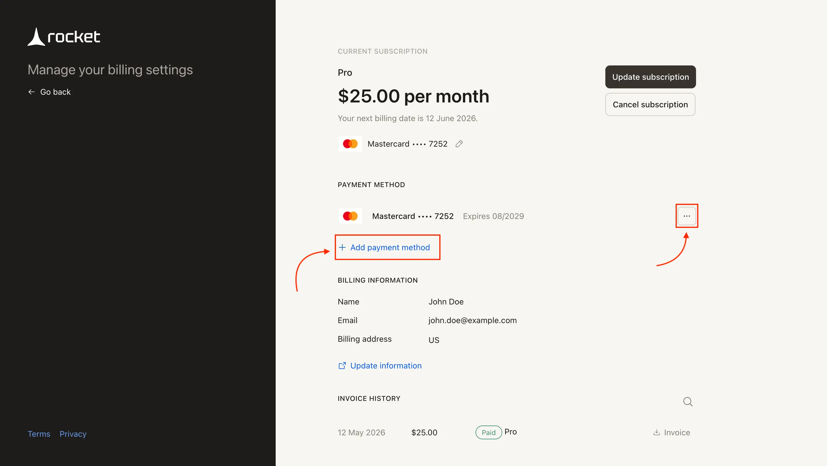 Stripe billing portal showing Payment Method section with Add payment method button and three-dot menu.