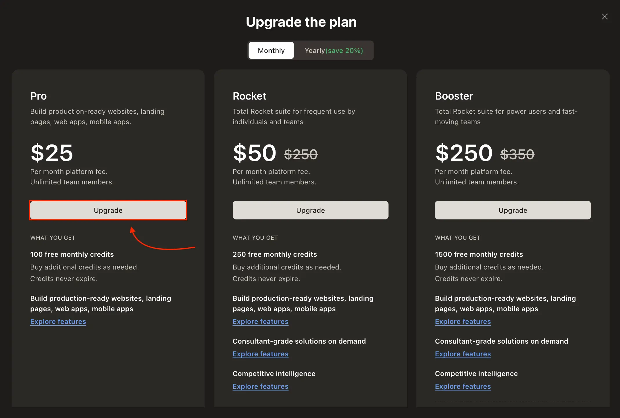 Upgrade the plan modal showing Pro, Rocket, and Booster plans.