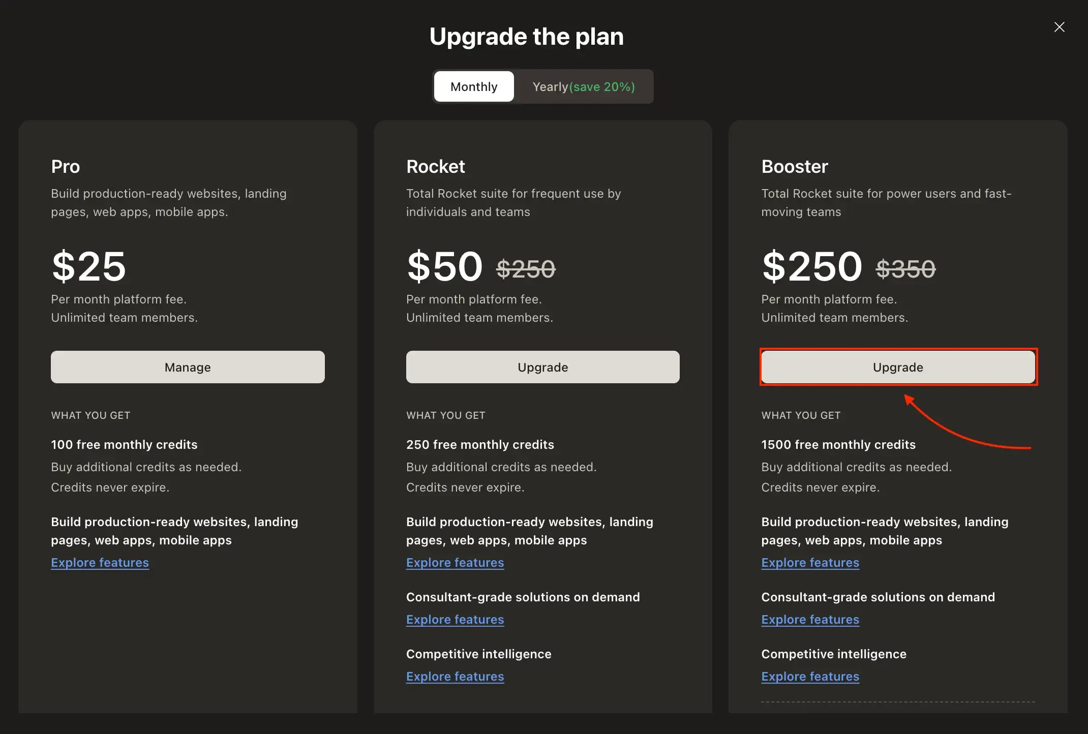 Upgrade the plan modal with Upgrade button highlighted on a higher-tier plan.