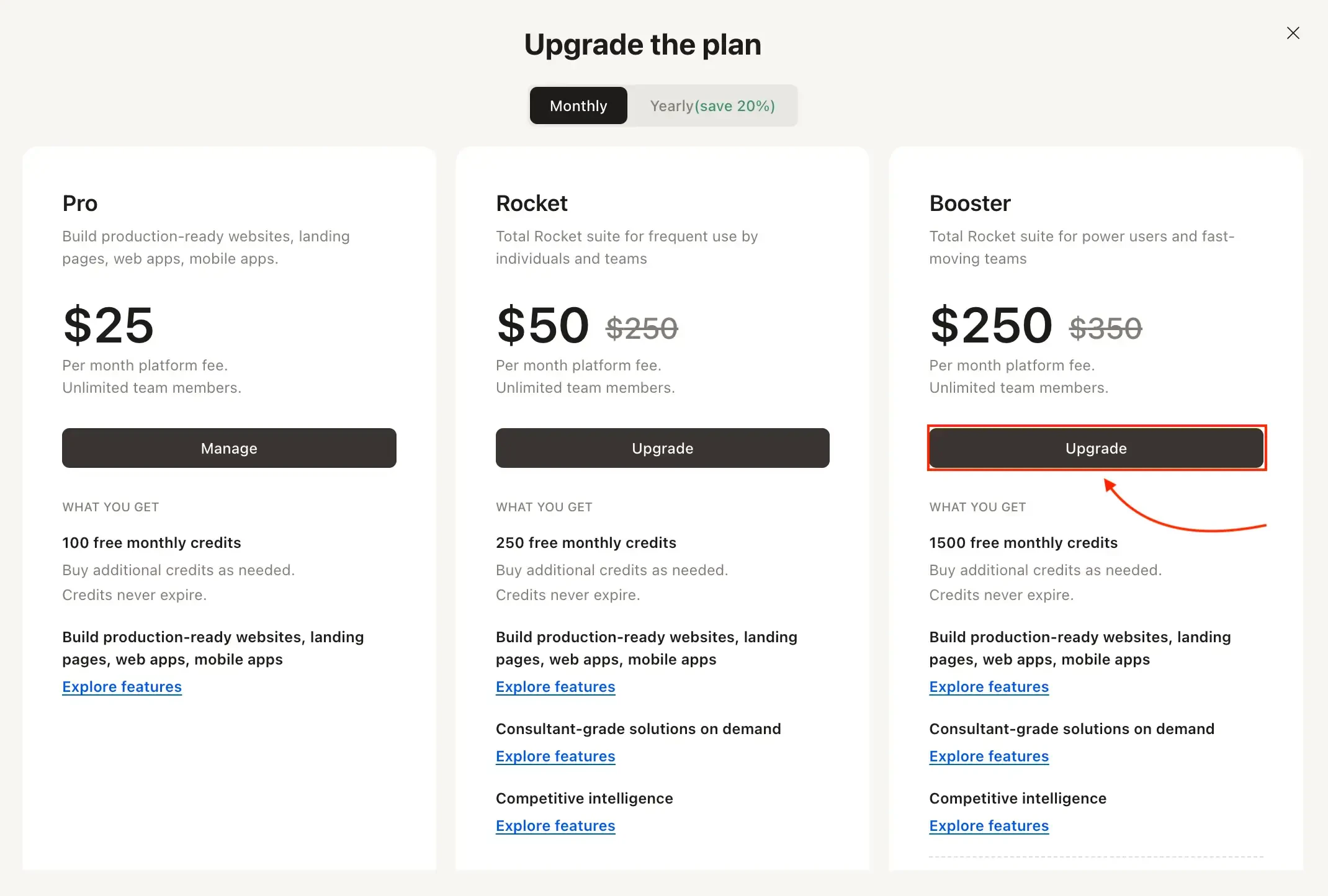 Upgrade the plan modal with Upgrade button highlighted on a higher-tier plan.