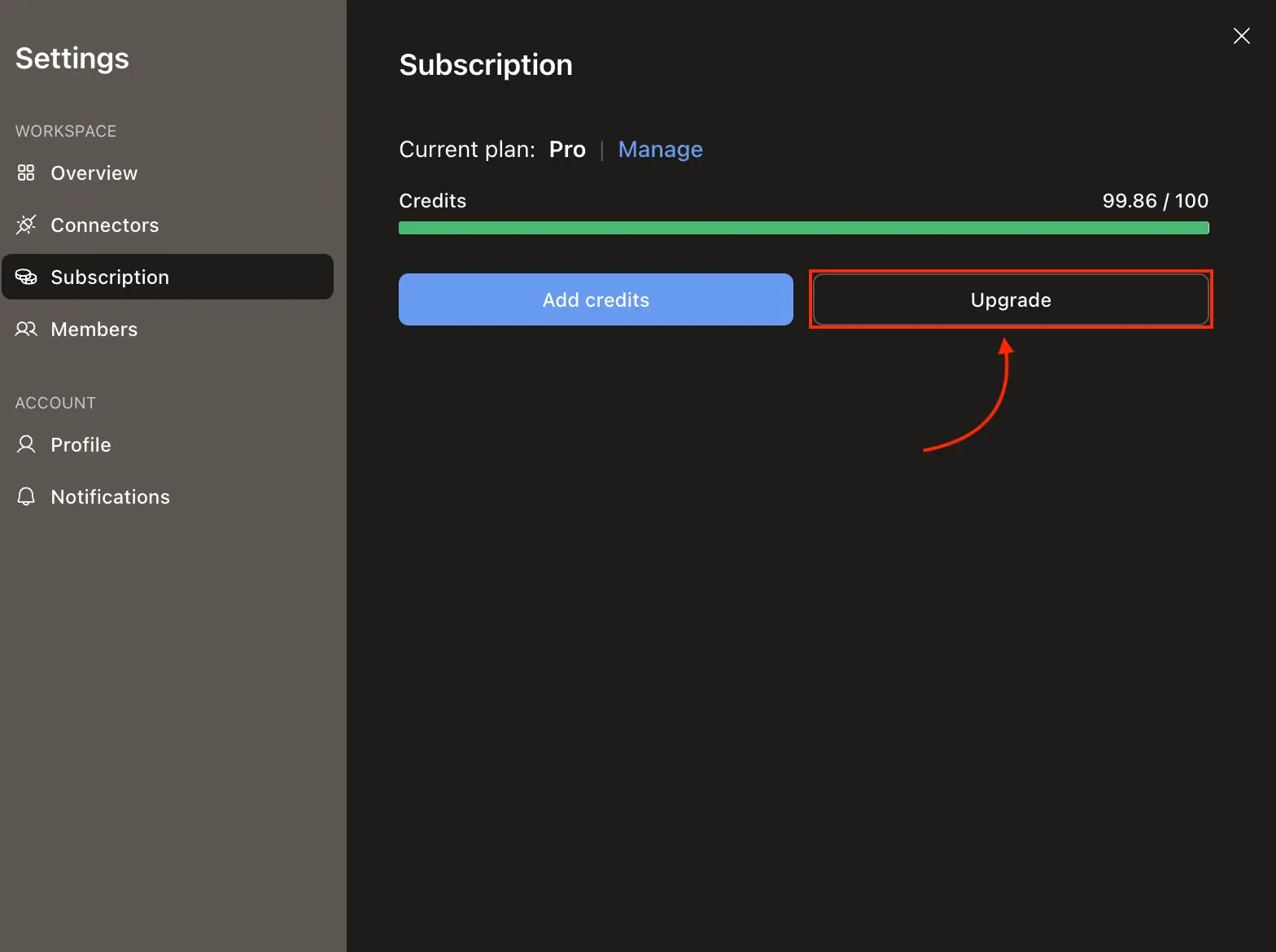 Settings Subscription tab showing the Upgrade button.