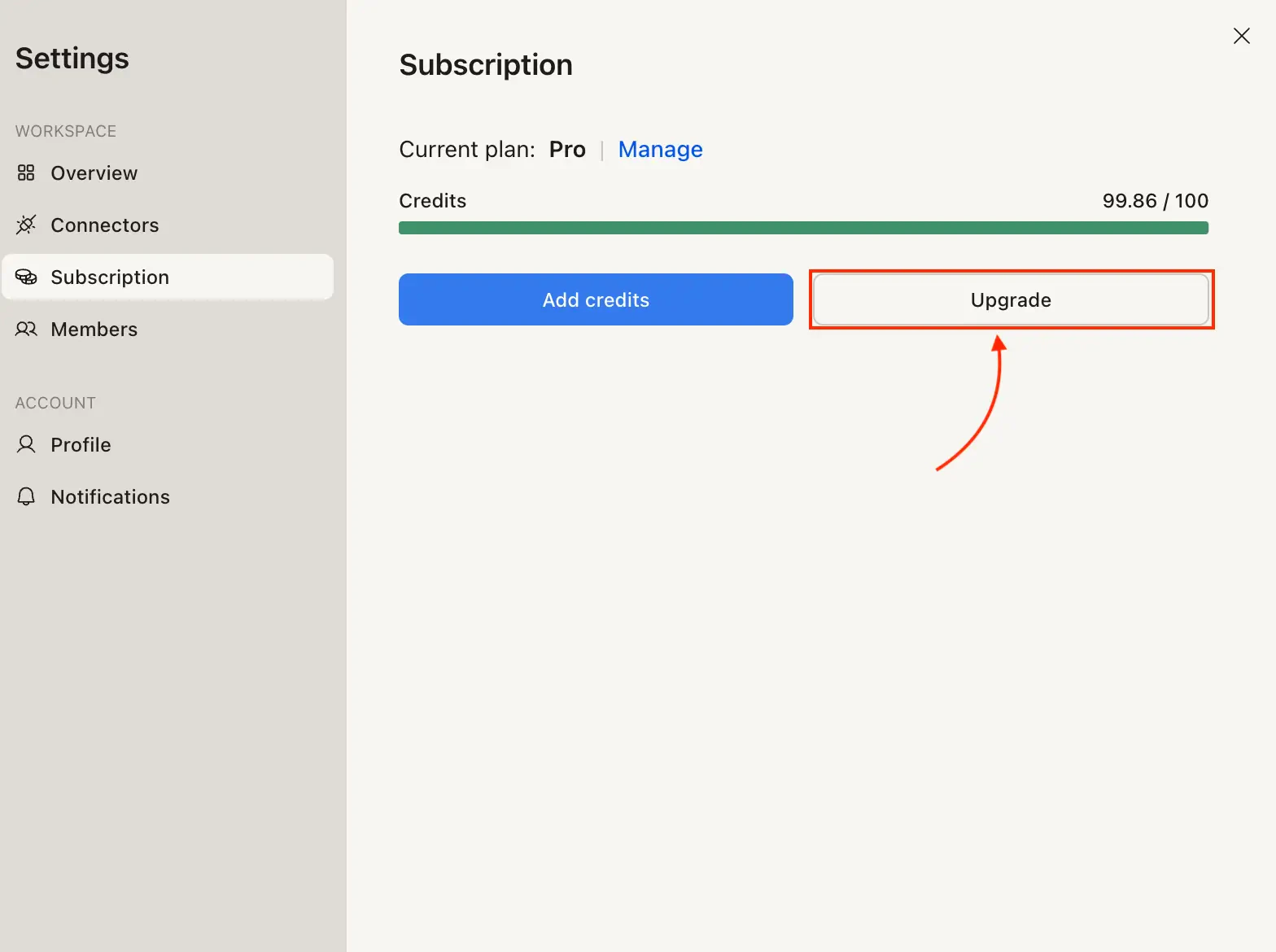 Settings Subscription tab showing the Upgrade button.