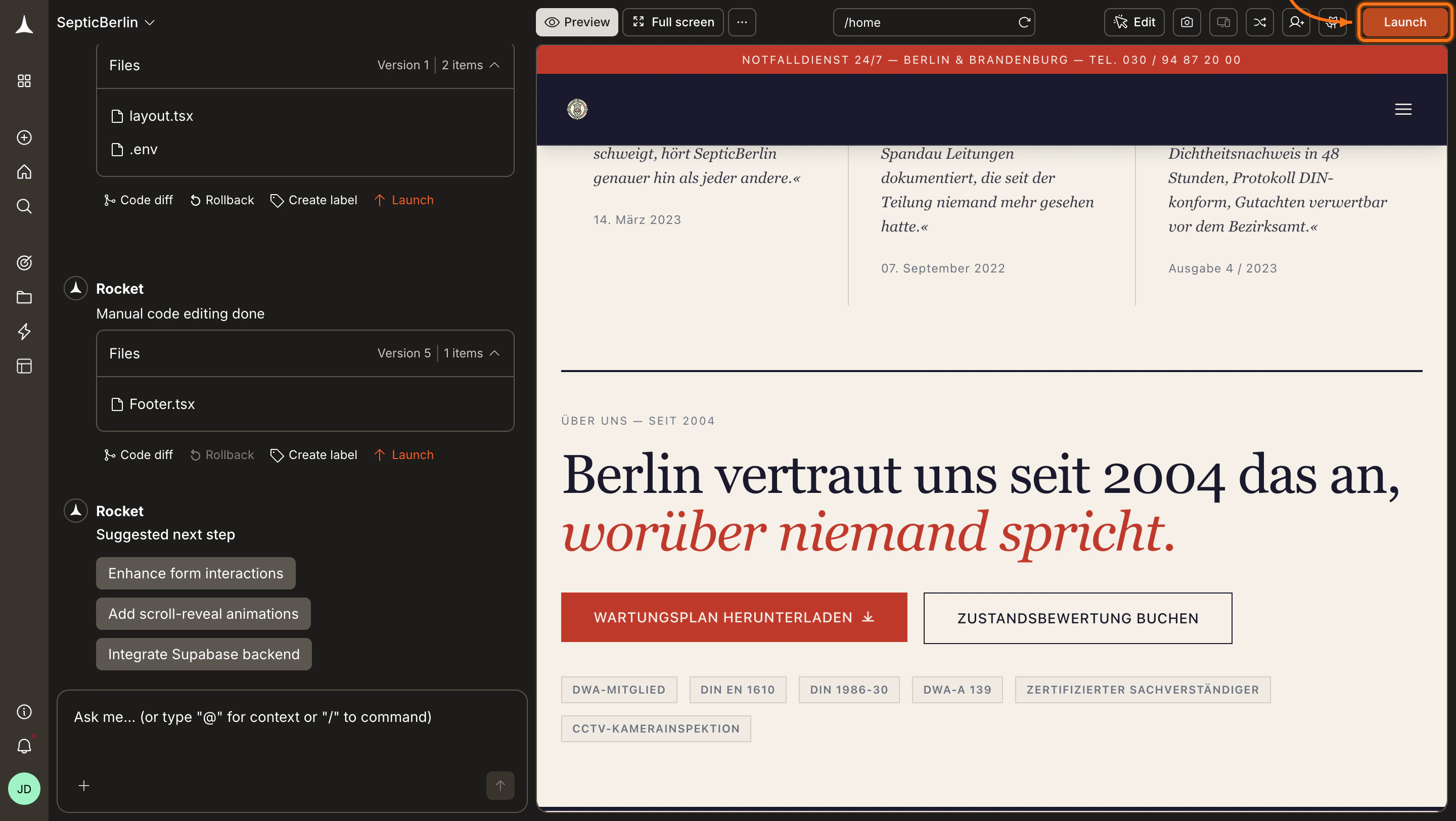 Rocket editor with the Launch button highlighted in the top-right.