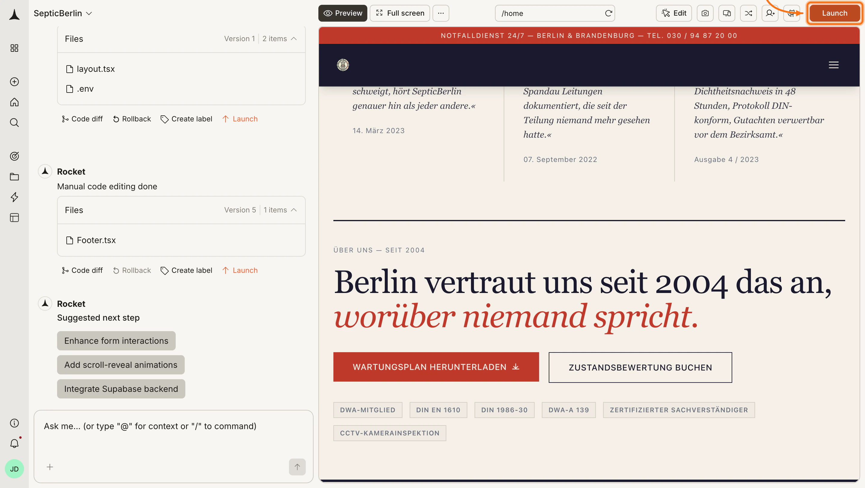 Rocket editor with the Launch button highlighted in the top-right.