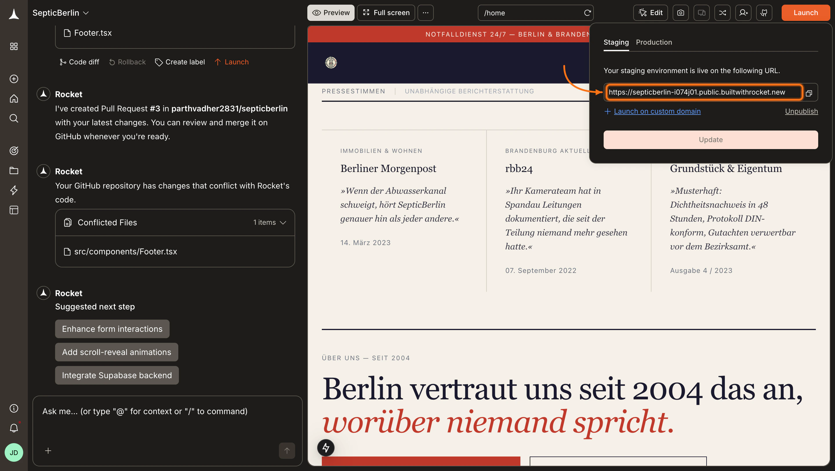Confirmation screen showing the staging URL and options to update or unpublish.
