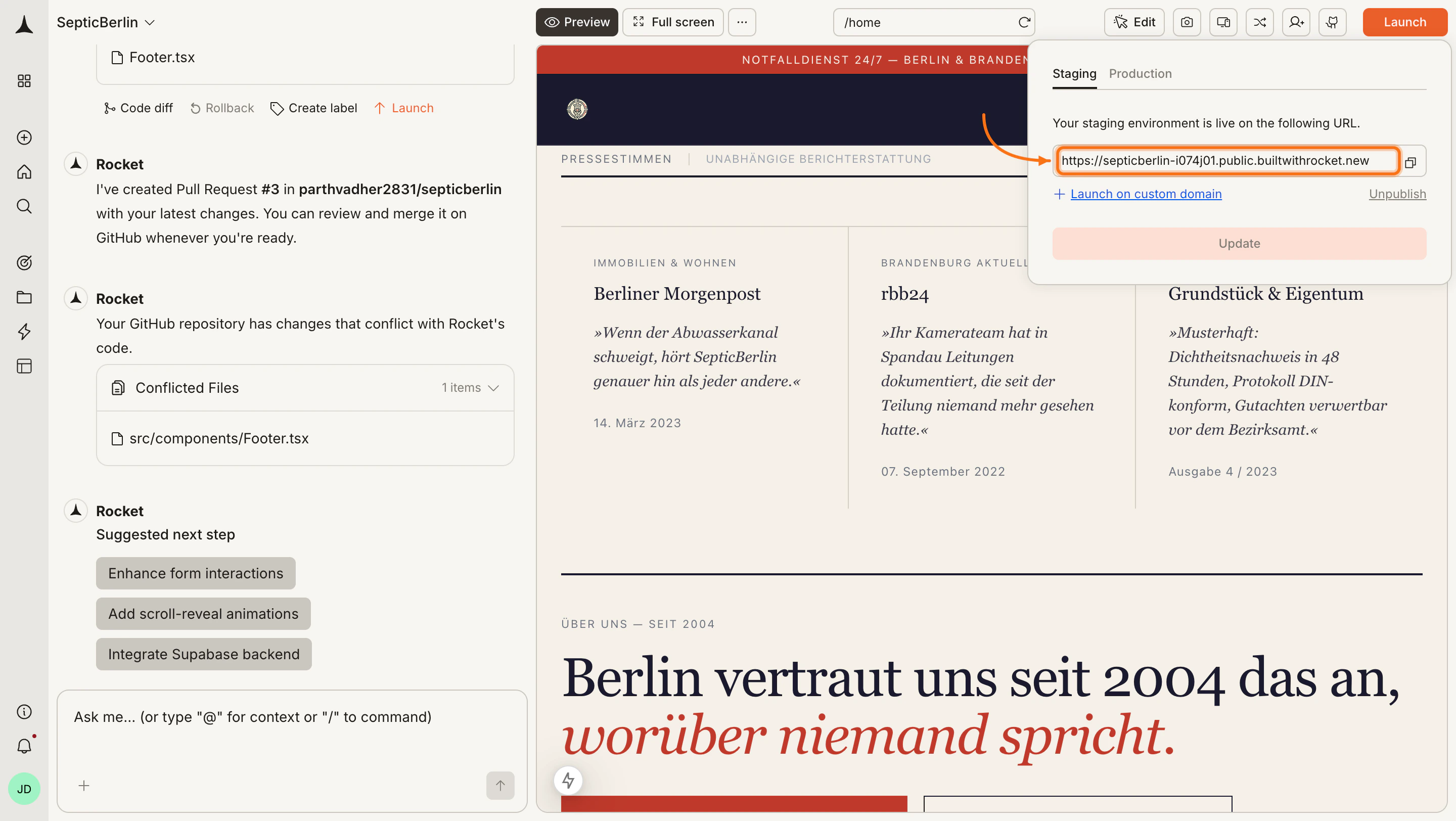 Confirmation screen showing the staging URL and options to update or unpublish.