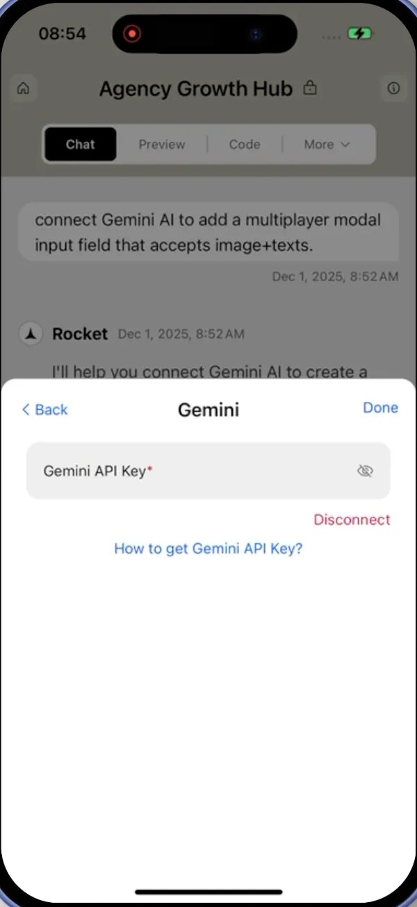 Gemini integration modal with API key input and disconnect option