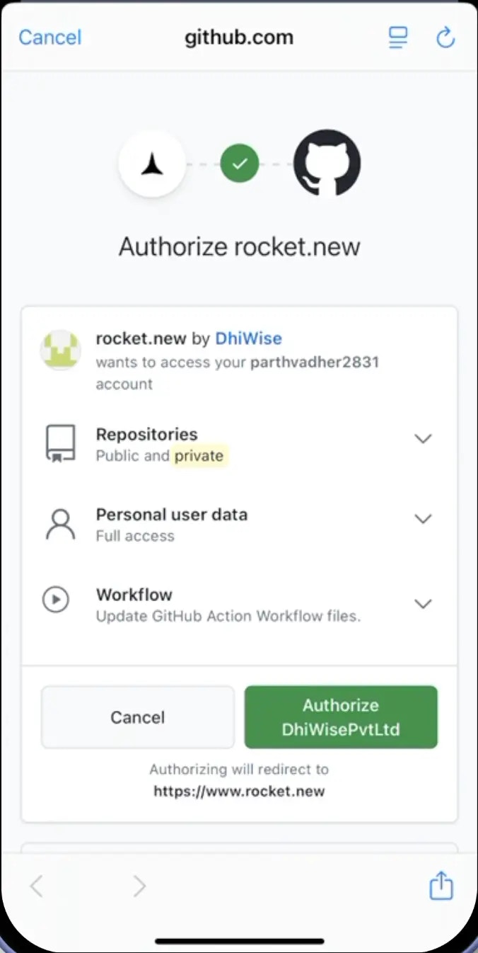GitHub authorization screen on mobile showing Rocket permissions request with authorize button