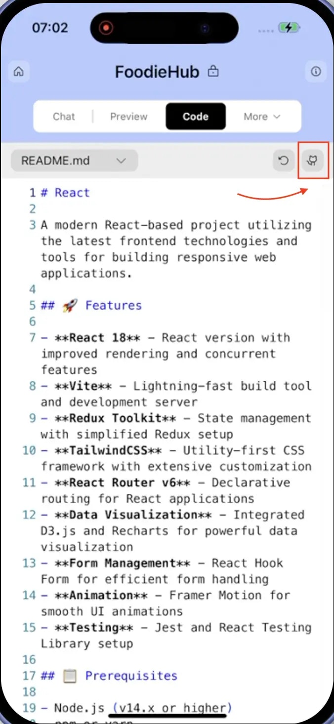 GitHub icon button in Rocket mobile app code-view toolbar