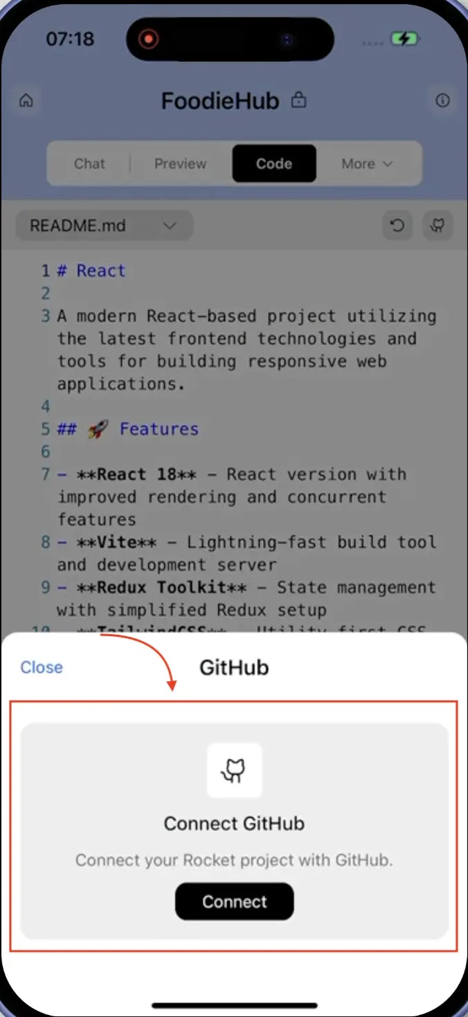 GitHub connect popup on mobile showing Connect button to link account