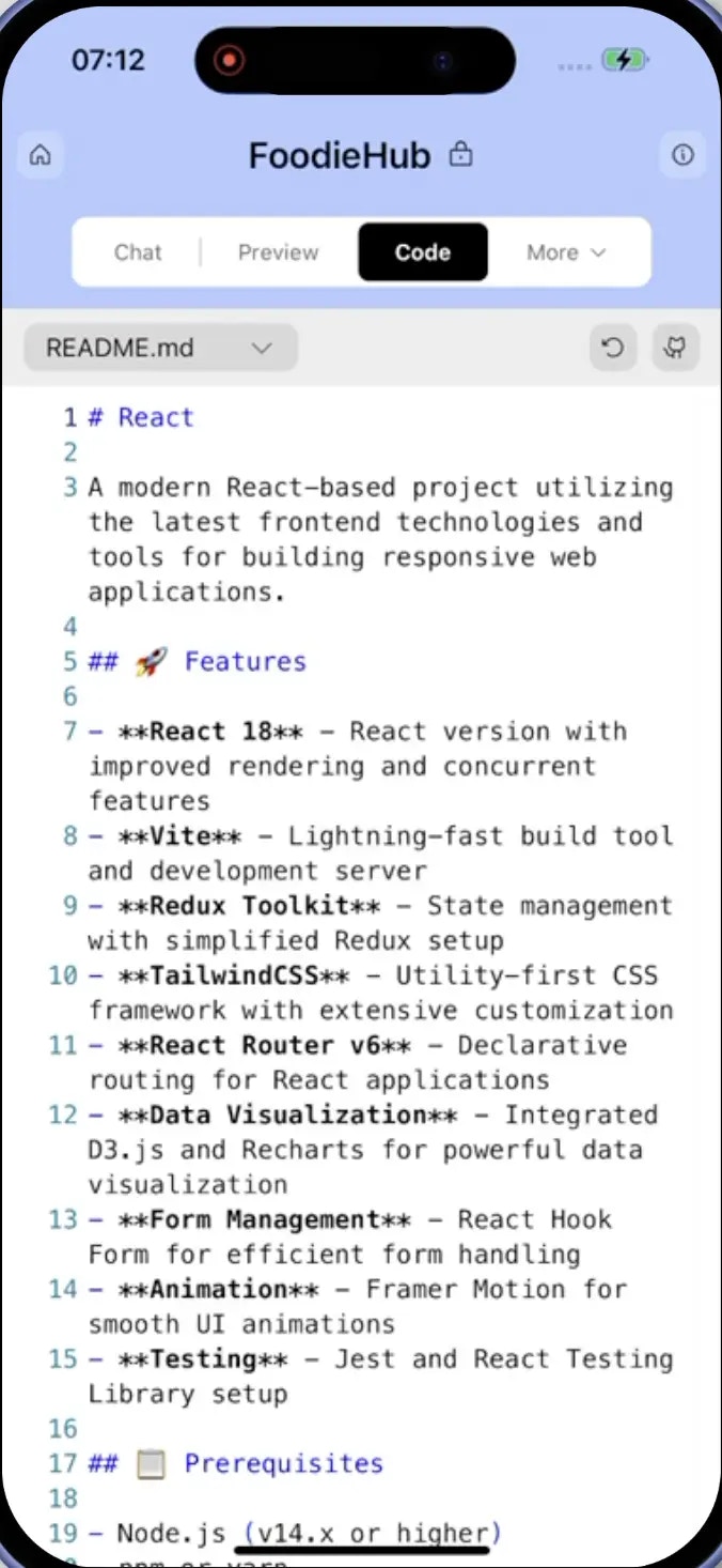 Code view screen in Rocket mobile app showing project files