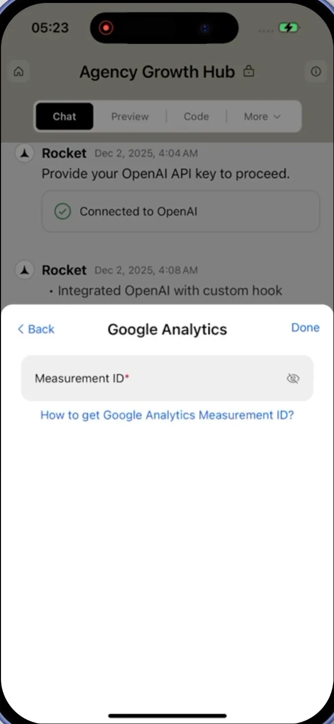 Google Analytics integration modal with Measurement ID input