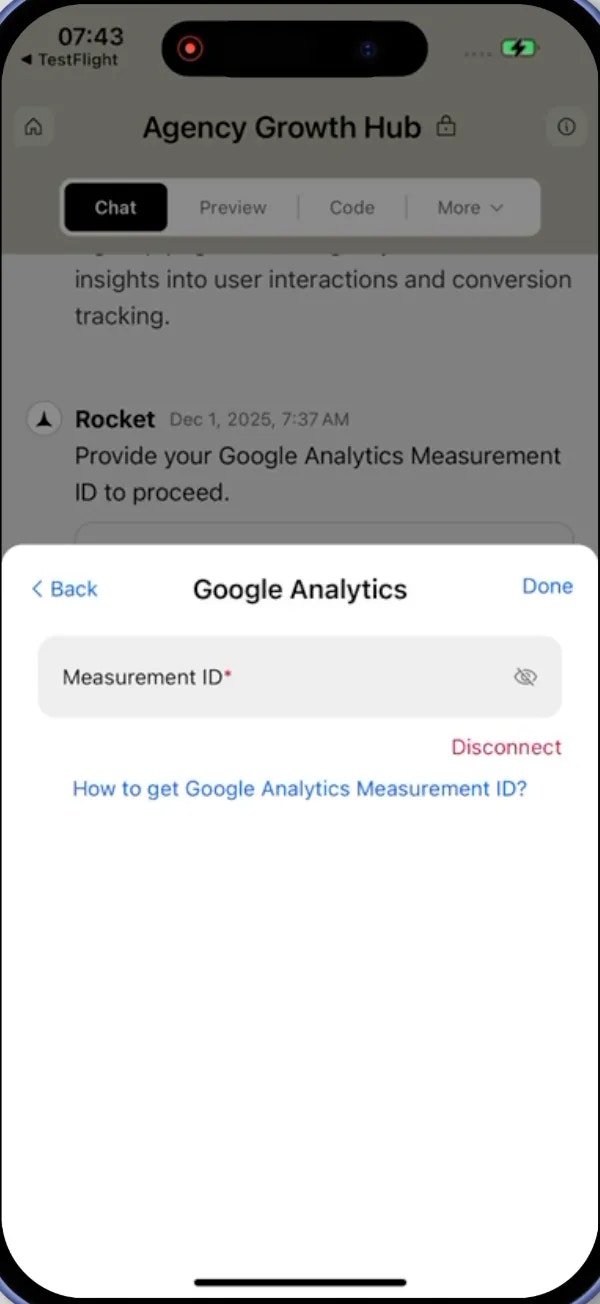 Google Analytics integration modal with Measurement ID input and disconnect option