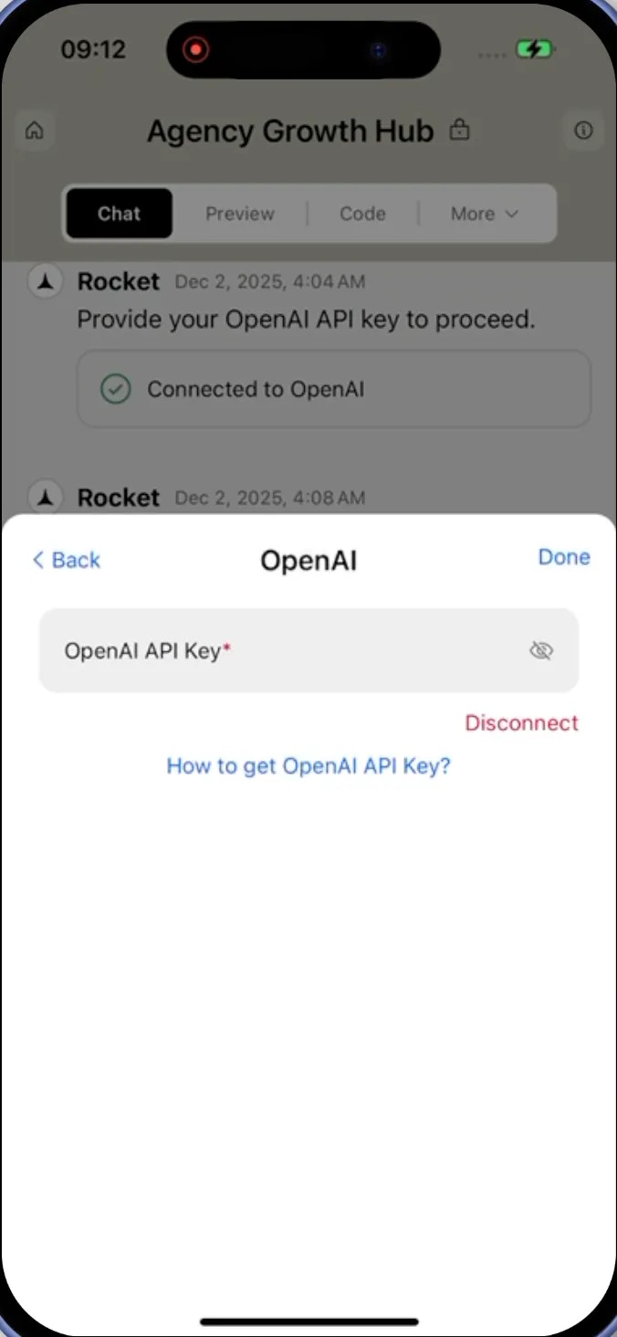 OpenAI integration modal with API key input and disconnect option