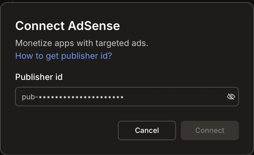 Connect AdSense popup with Publisher ID field.