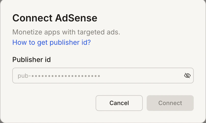 Connect AdSense popup with Publisher ID field.