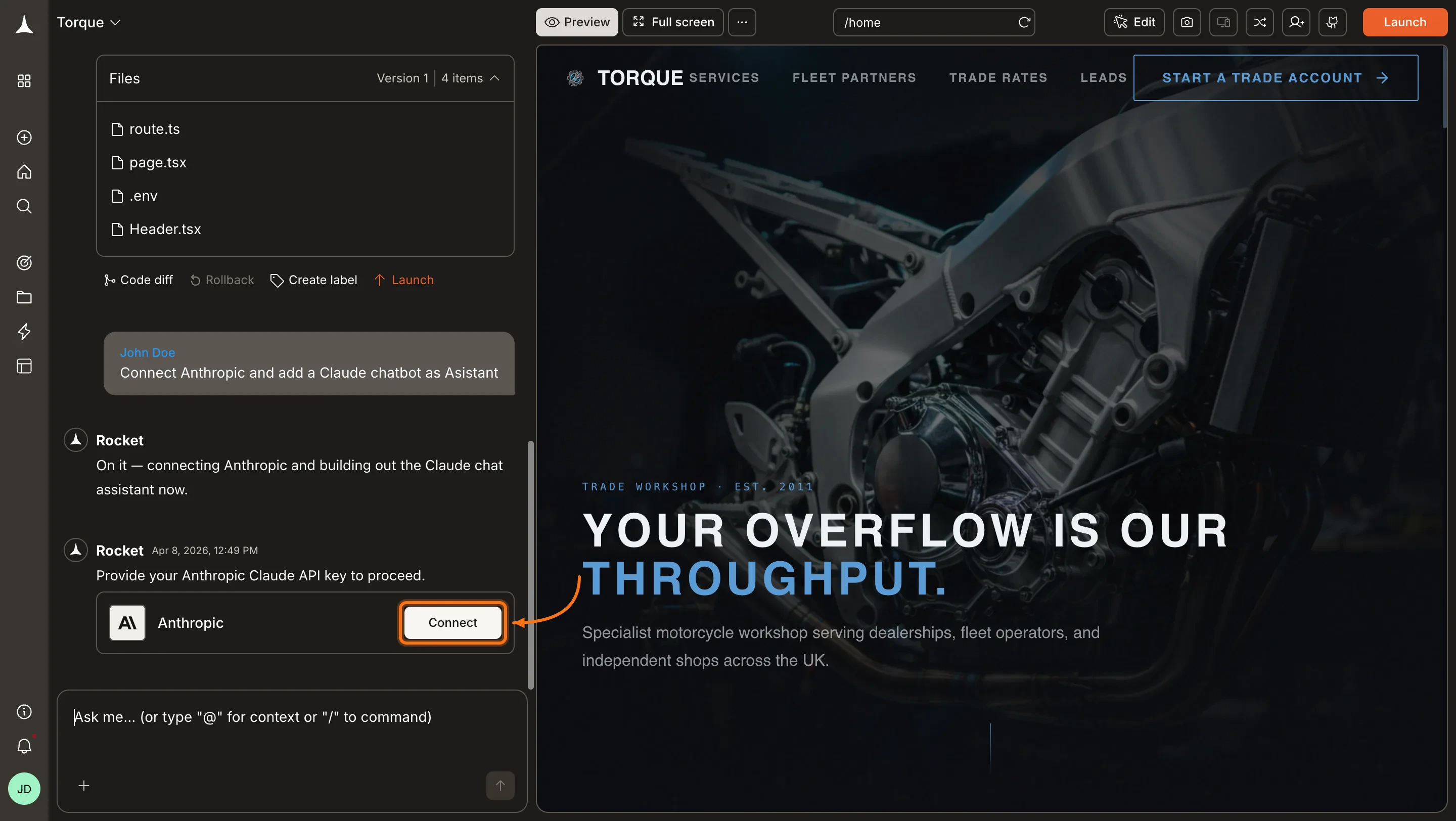 Anthropic connection prompt in the Rocket chat panel.