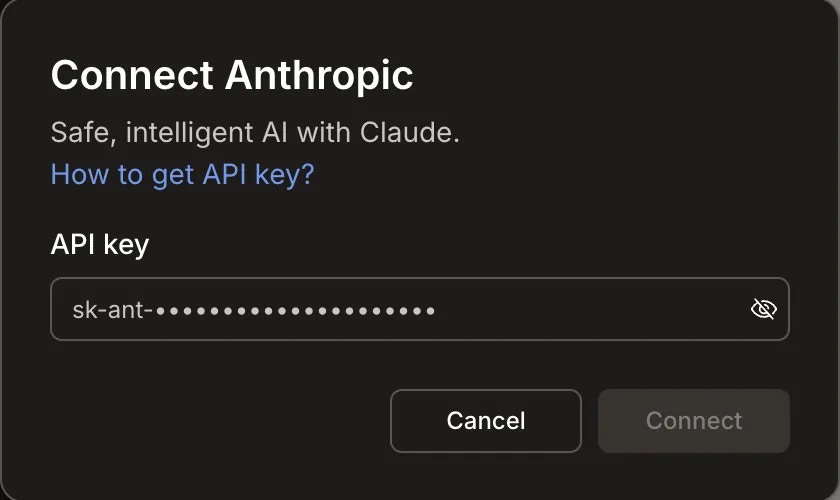 Connect Anthropic popup with an API key input field.