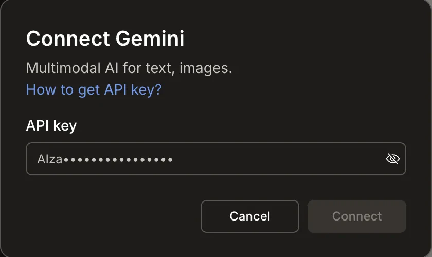 Connect Gemini popup with an API key input field.