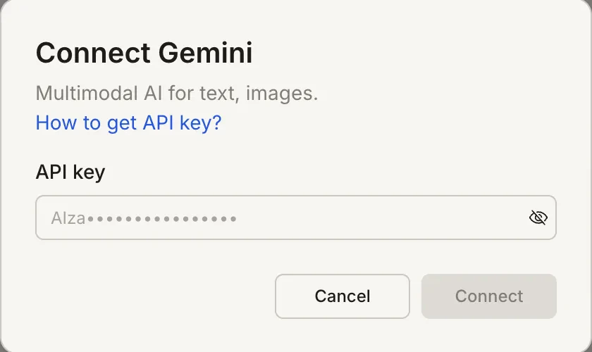Connect Gemini popup with an API key input field.