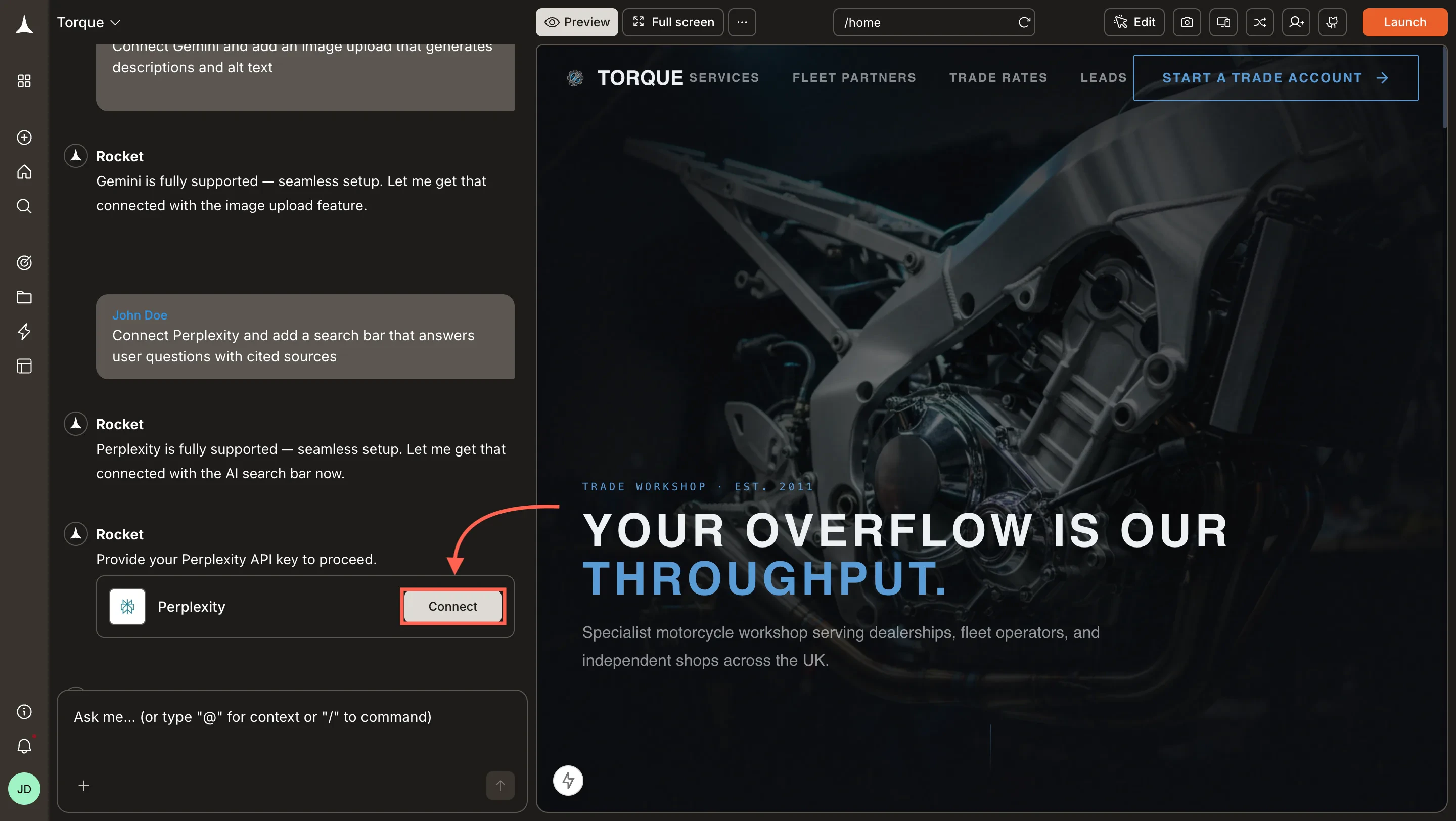 Perplexity connection prompt in the Rocket chat panel.