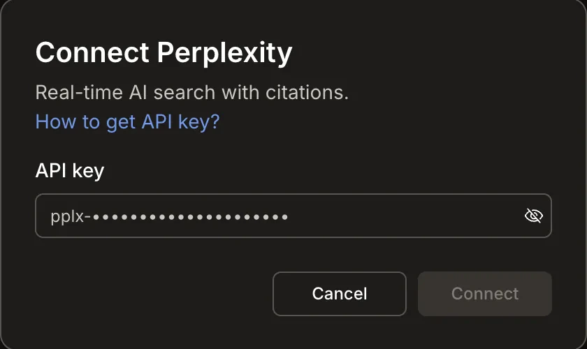 Connect Perplexity popup with an API key input field.