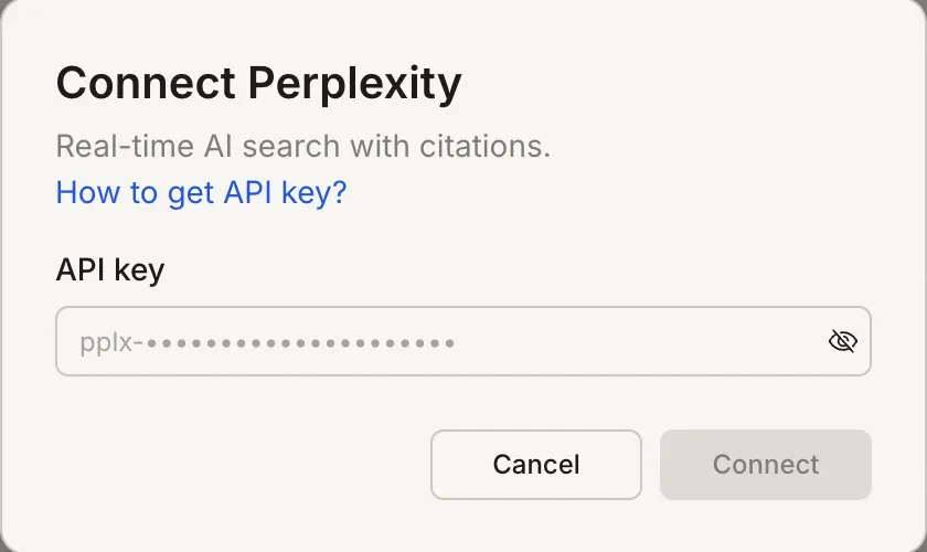 Connect Perplexity popup with an API key input field.