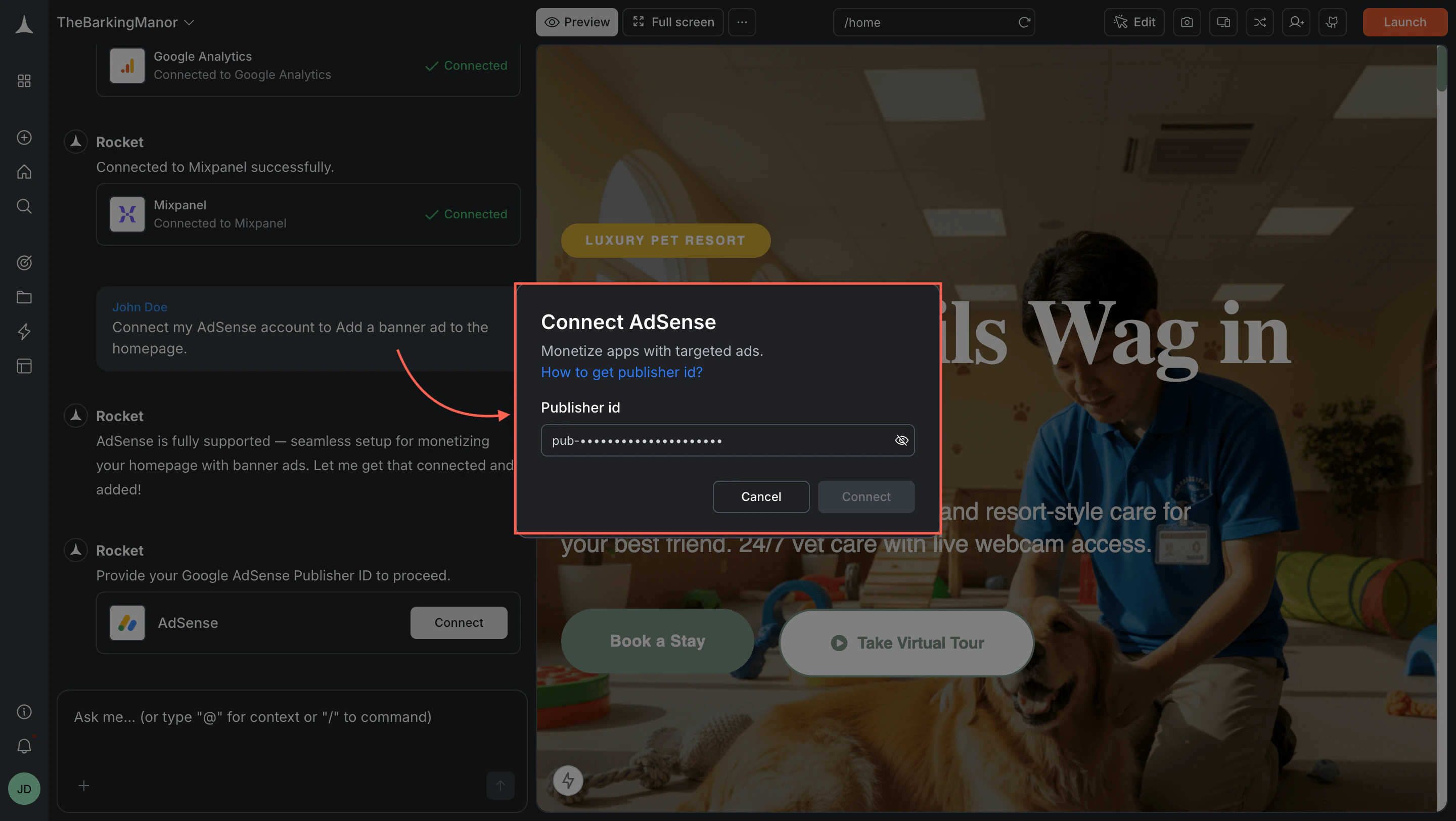Connect AdSense popup with Publisher ID field.