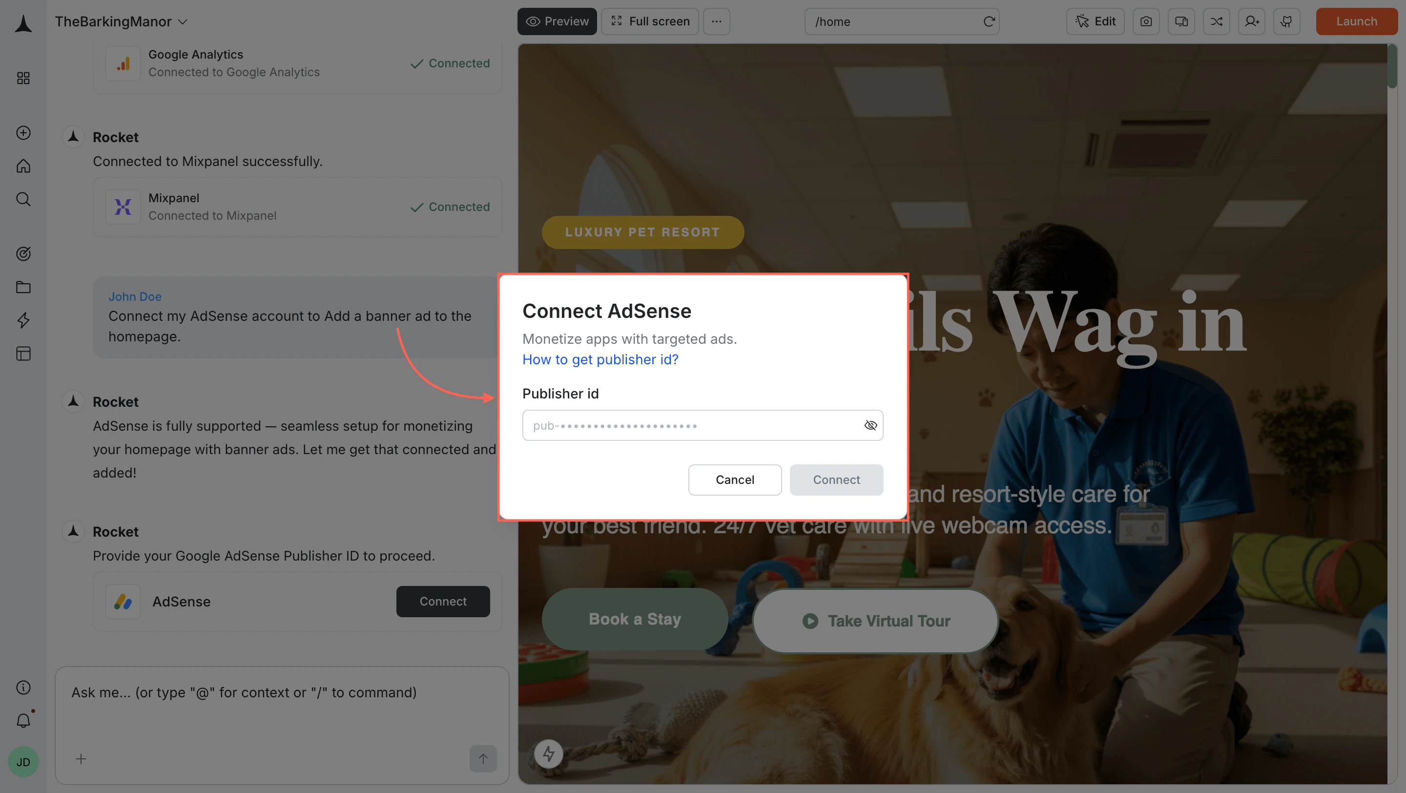 Connect AdSense popup with Publisher ID field.