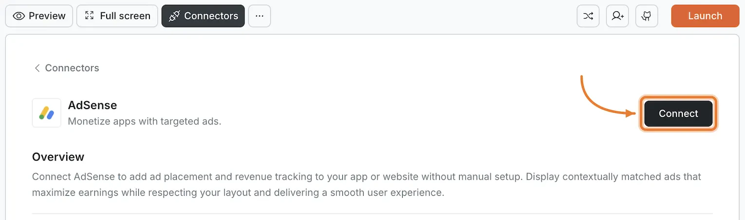 Connectors panel showing the AdSense card with a Connect button.