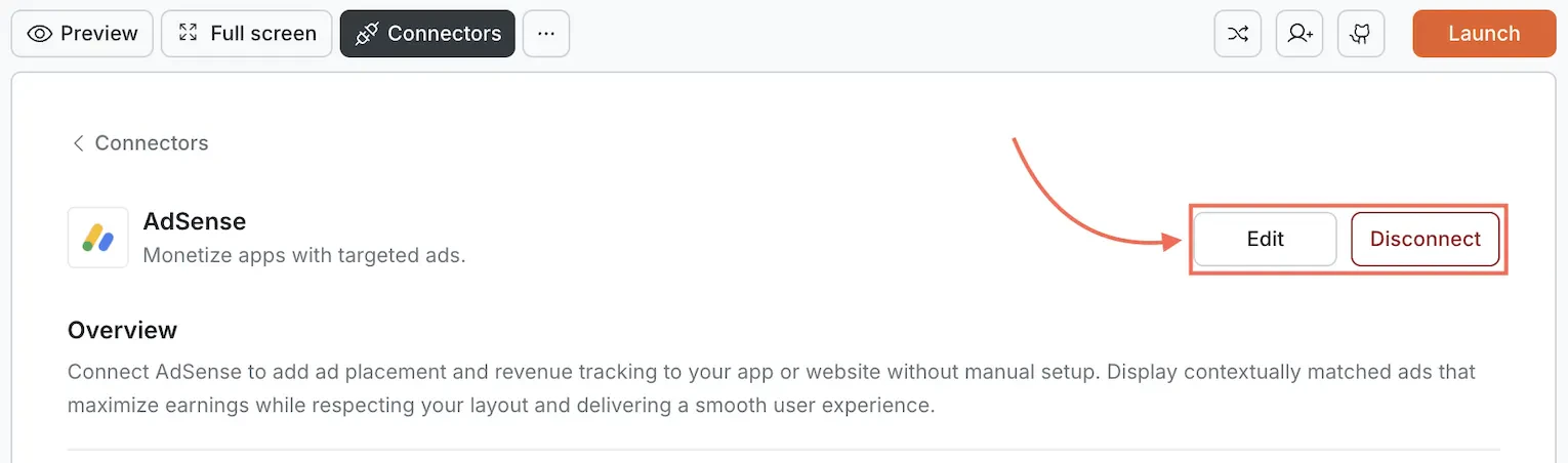 AdSense card showing Edit and Disconnect buttons.
