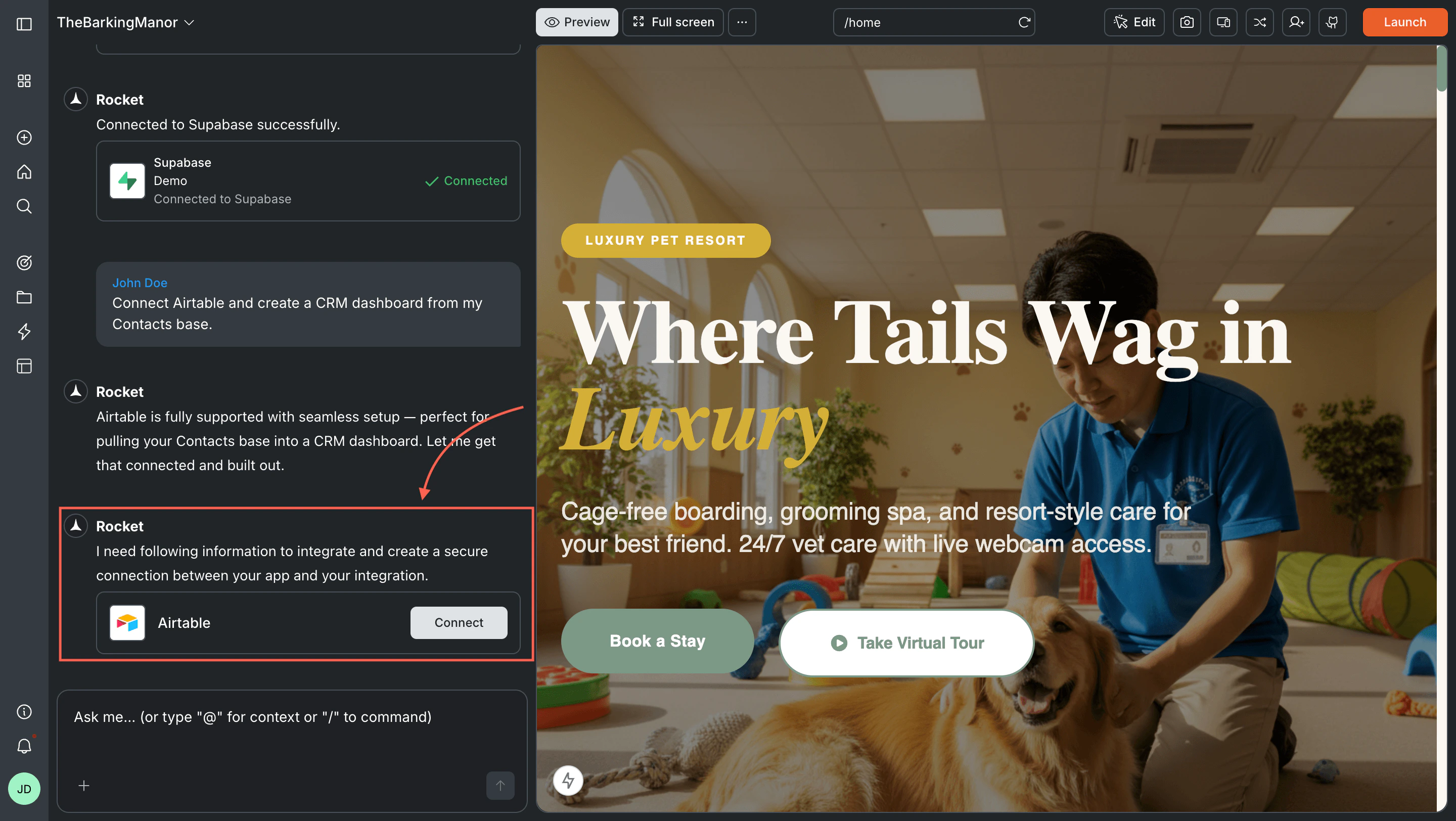 Rocket chat panel showing a Connect prompt for Airtable.